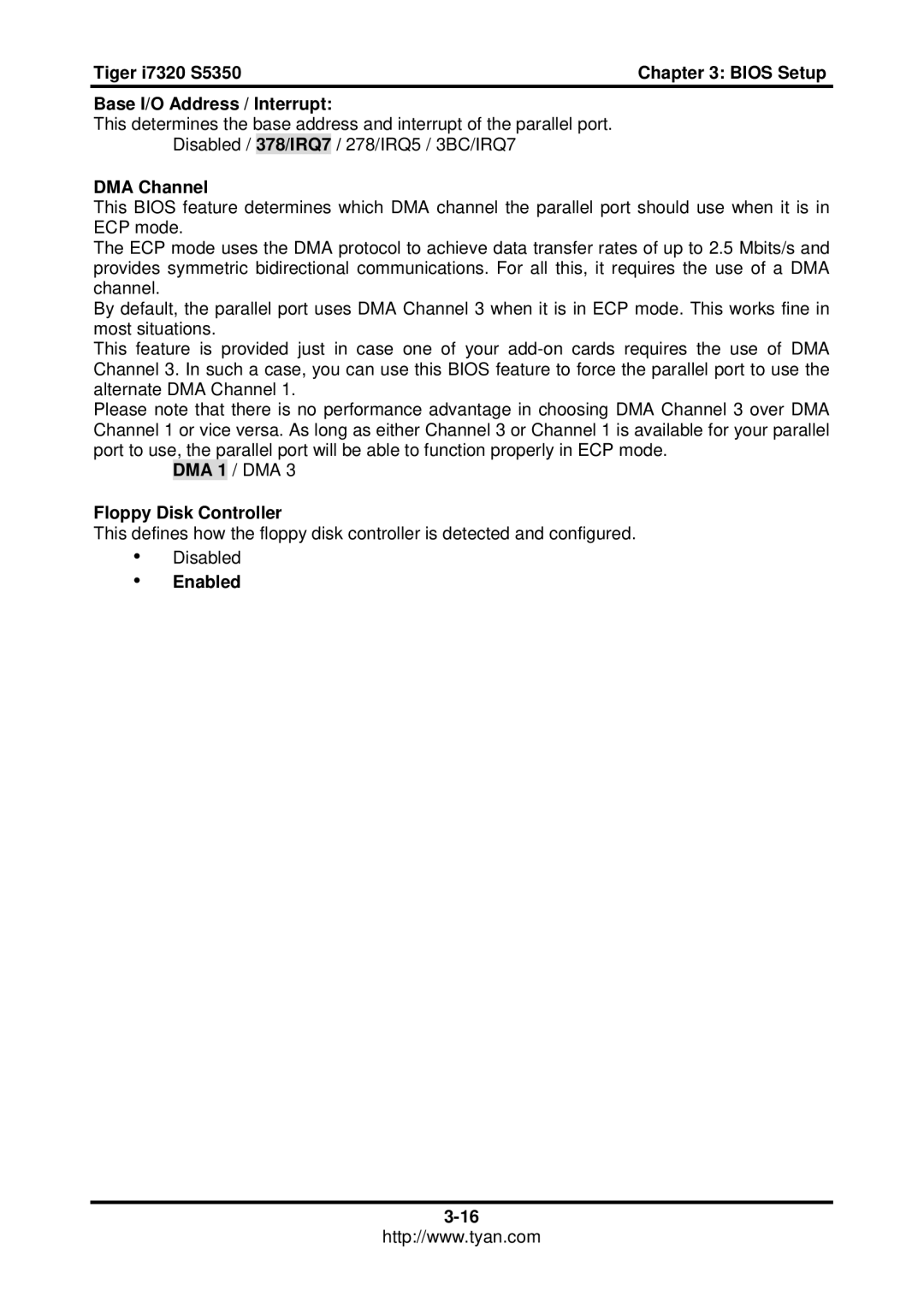 Tyan Computer S5350, I7320 user manual Floppy Disk Controller, Enabled 