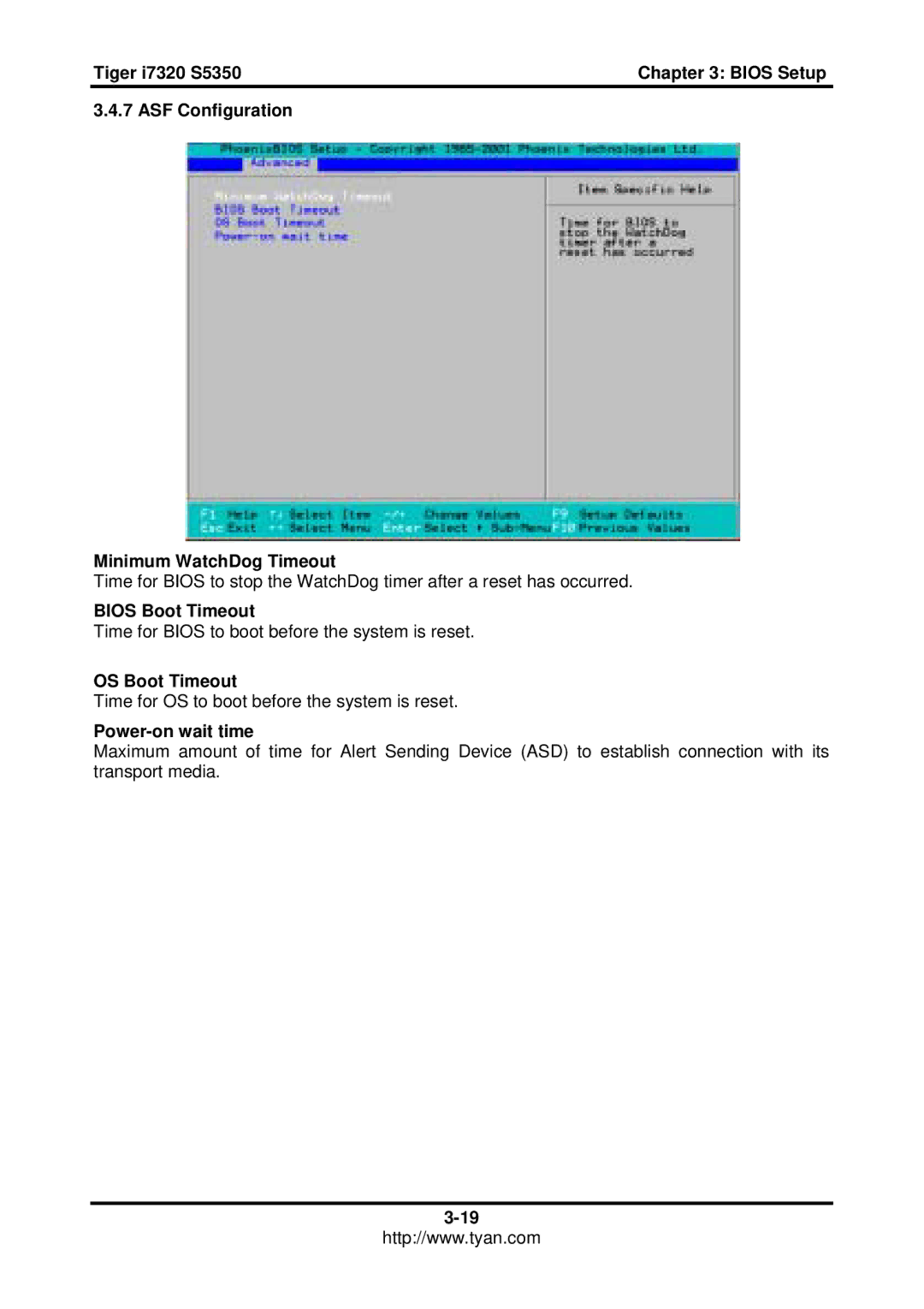 Tyan Computer I7320 ASF Configuration Minimum WatchDog Timeout, Bios Boot Timeout, OS Boot Timeout, Power-on wait time 