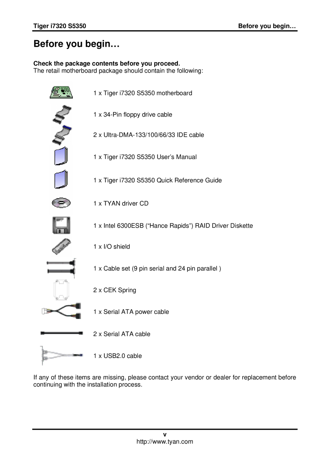 Tyan Computer I7320, S5350 user manual Before you begin…, Check the package contents before you proceed 