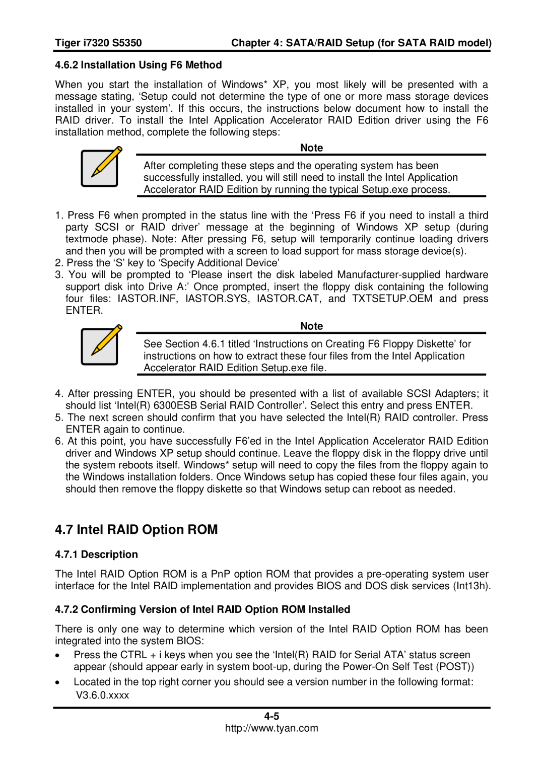 Tyan Computer I7320, S5350 user manual Intel RAID Option ROM, Installation Using F6 Method, Description 