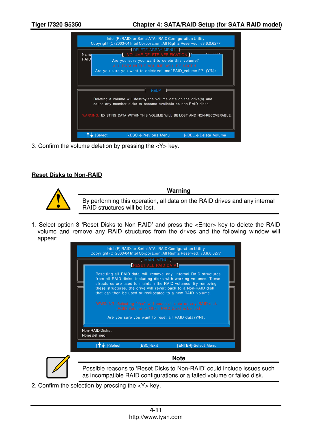 Tyan Computer I7320, S5350 user manual Reset Disks to Non-RAID, Will be Lost 