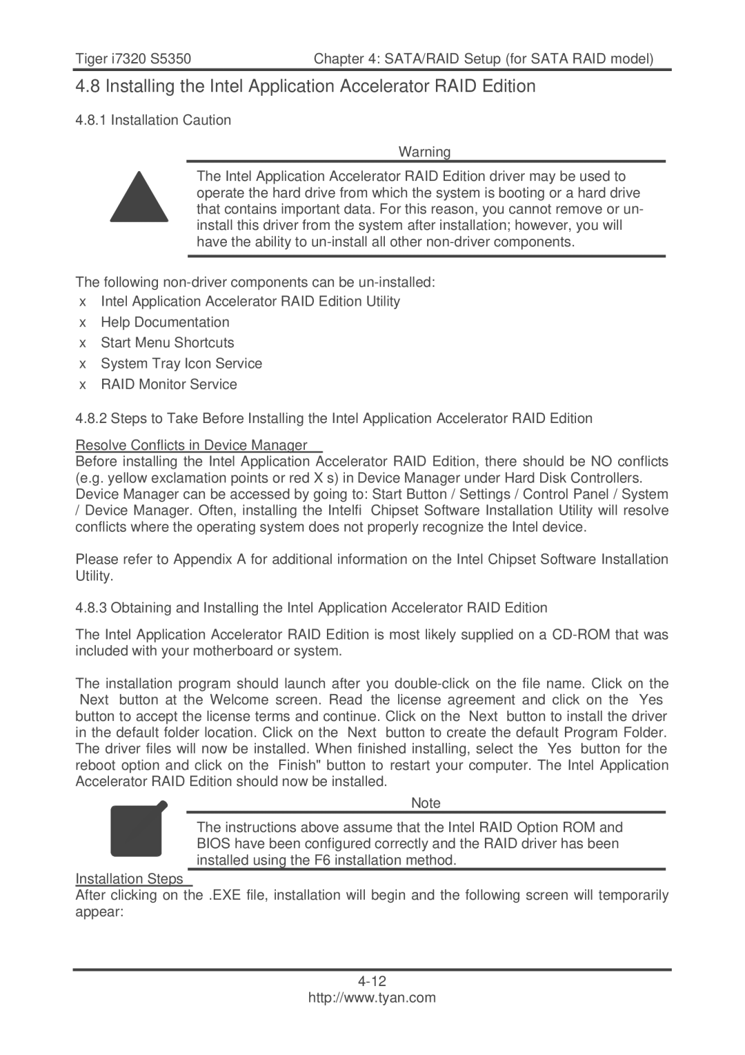 Tyan Computer S5350 Installing the Intel Application Accelerator RAID Edition, Installation Caution, Installation Steps 