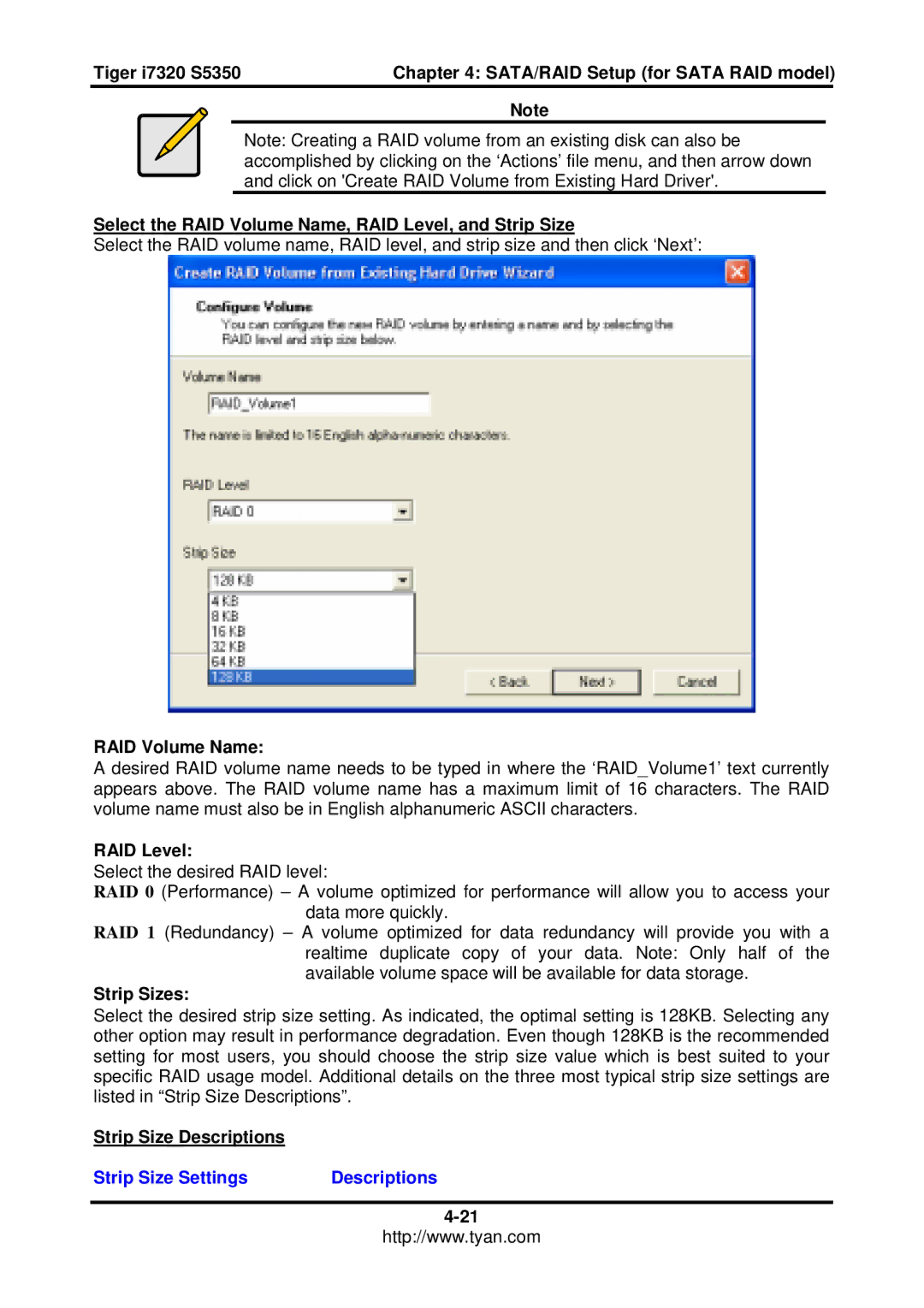 Tyan Computer I7320, S5350 Select the RAID Volume Name, RAID Level, and Strip Size, Strip Sizes, Strip Size Descriptions 