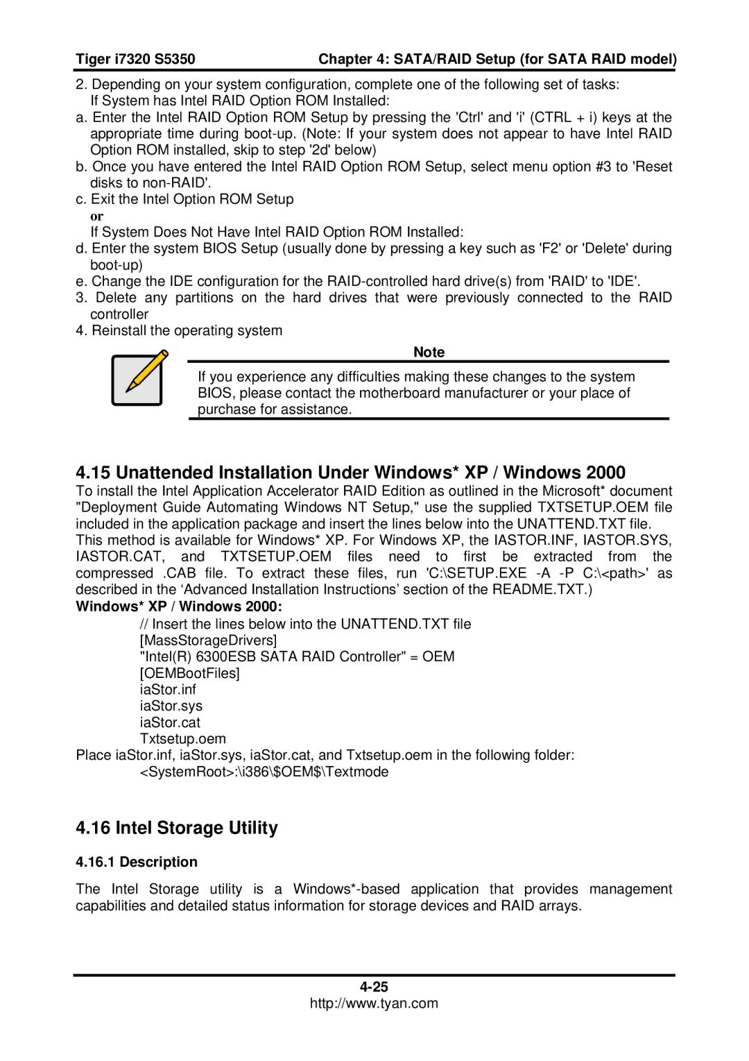 Tyan Computer I7320, S5350 user manual Unattended Installation Under Windows* XP / Windows, Intel Storage Utility 