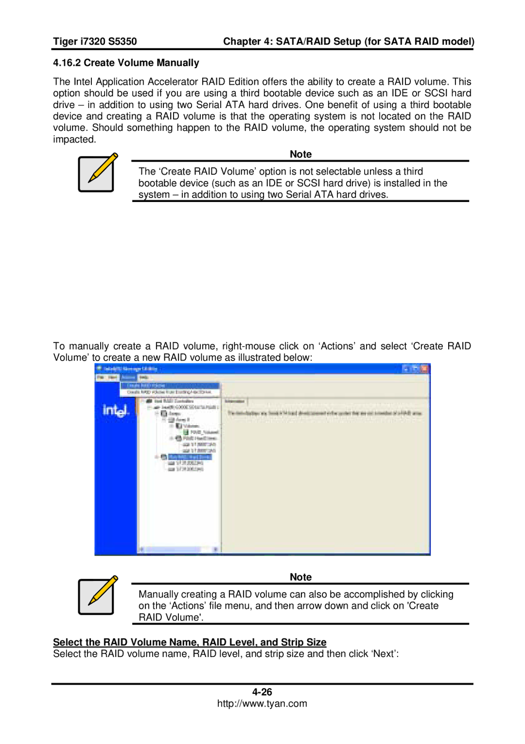 Tyan Computer S5350, I7320 user manual Create Volume Manually, Select the RAID Volume Name, RAID Level, and Strip Size 