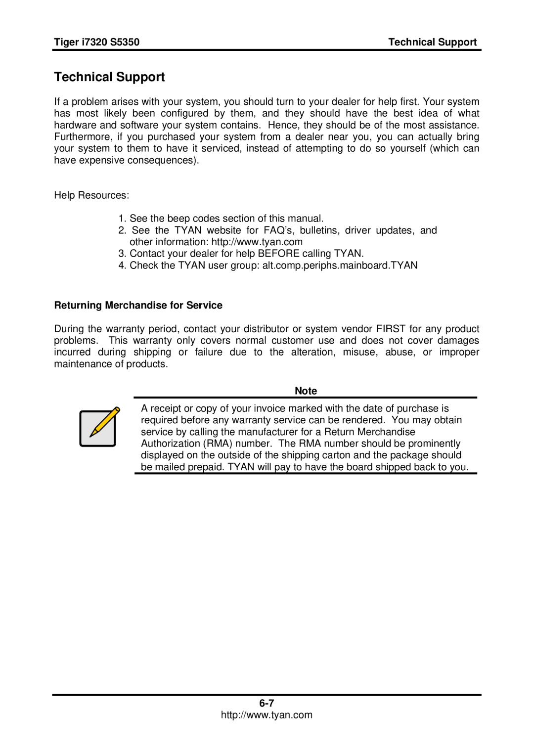 Tyan Computer I7320, S5350 user manual Technical Support, Returning Merchandise for Service 