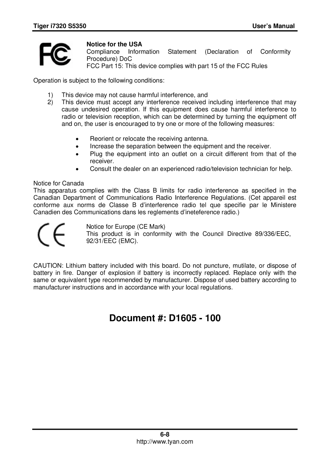 Tyan Computer S5350, I7320 user manual Document # D1605 