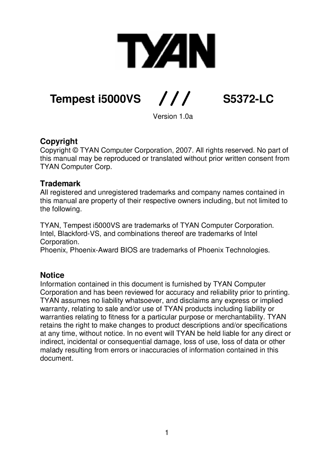 Tyan Computer S5372-LC warranty Tempest i5000VS, Copyright, Trademark 