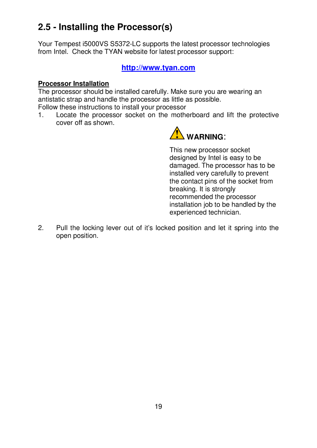 Tyan Computer S5372-LC warranty Installing the Processors, Processor Installation 