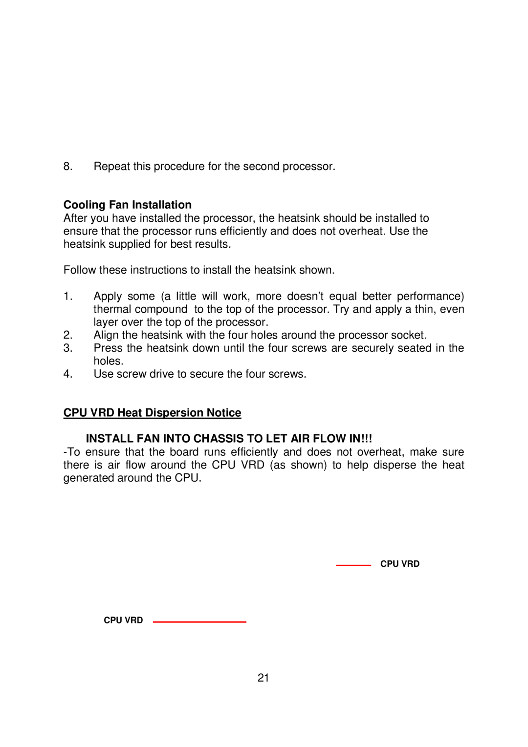 Tyan Computer S5372-LC warranty Cooling Fan Installation, CPU VRD Heat Dispersion Notice 