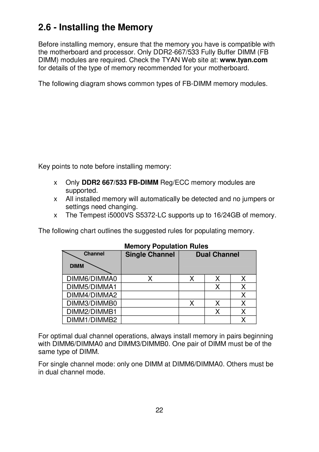 Tyan Computer S5372-LC warranty Installing the Memory, Memory Population Rules, Single Channel Dual Channel 