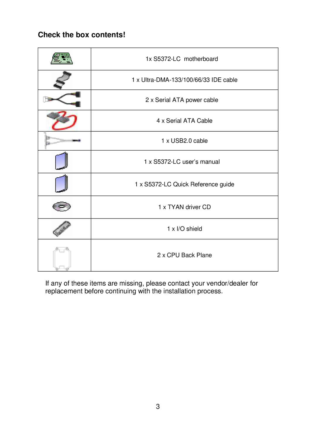 Tyan Computer S5372-LC warranty Check the box contents 