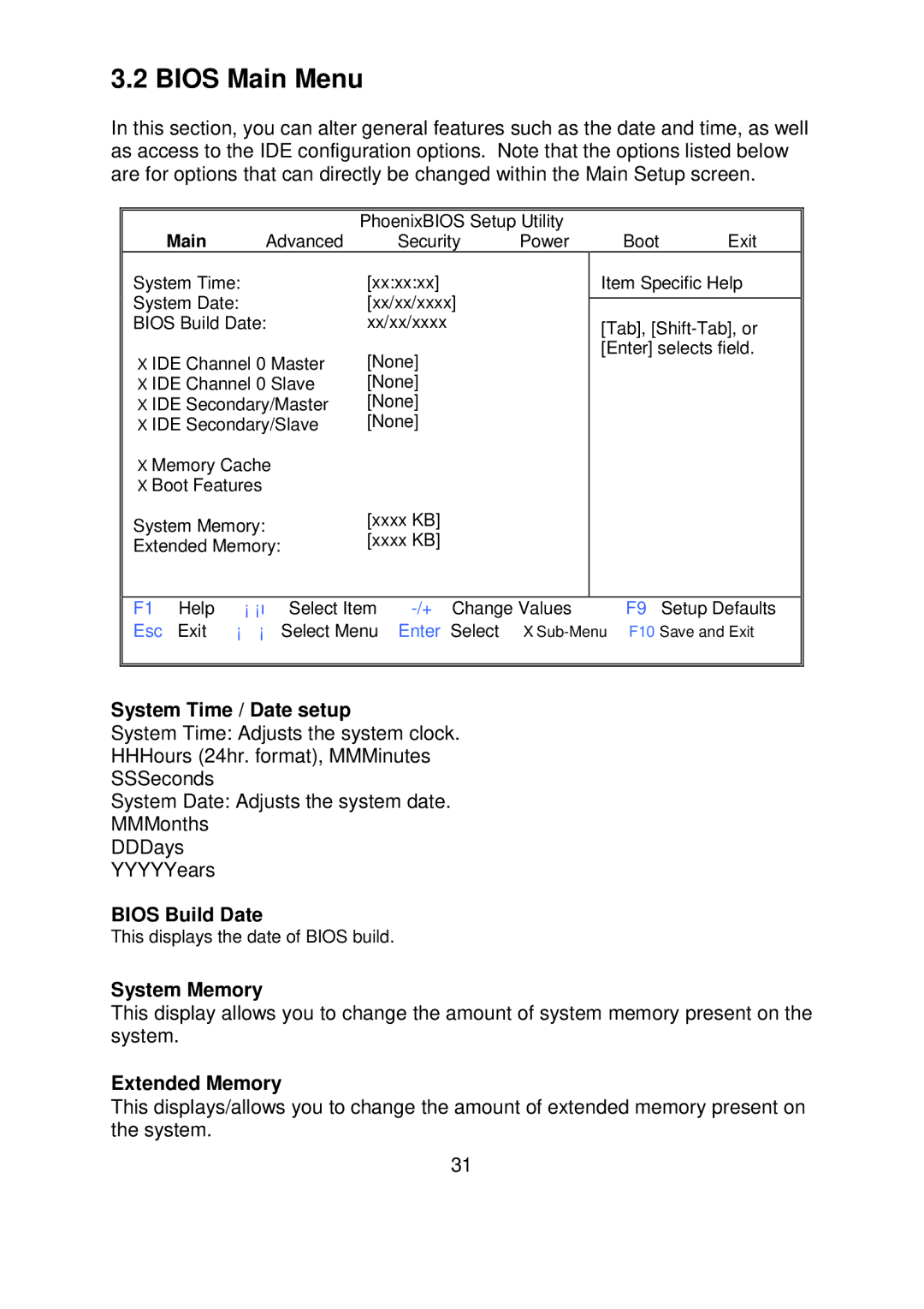 Tyan Computer S5372-LC warranty Bios Main Menu, System Time / Date setup, Bios Build Date, System Memory, Extended Memory 