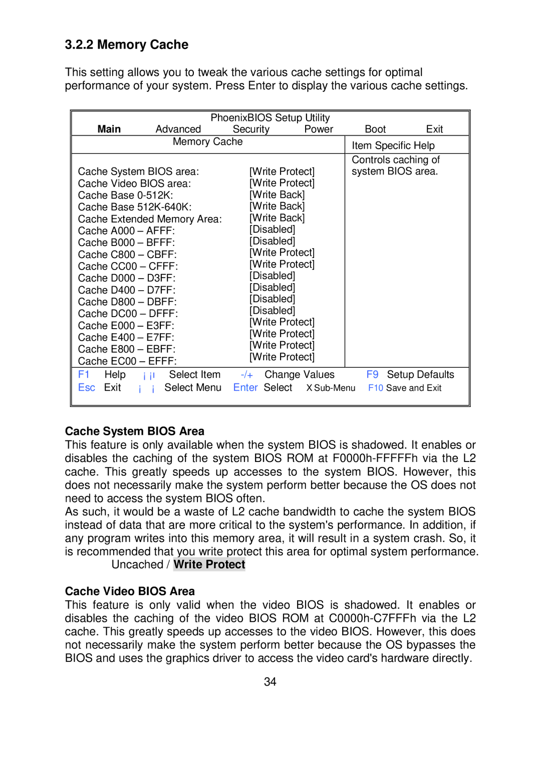 Tyan Computer S5372-LC warranty Memory Cache, Cache System Bios Area, Uncached / Write Protect Cache Video Bios Area 