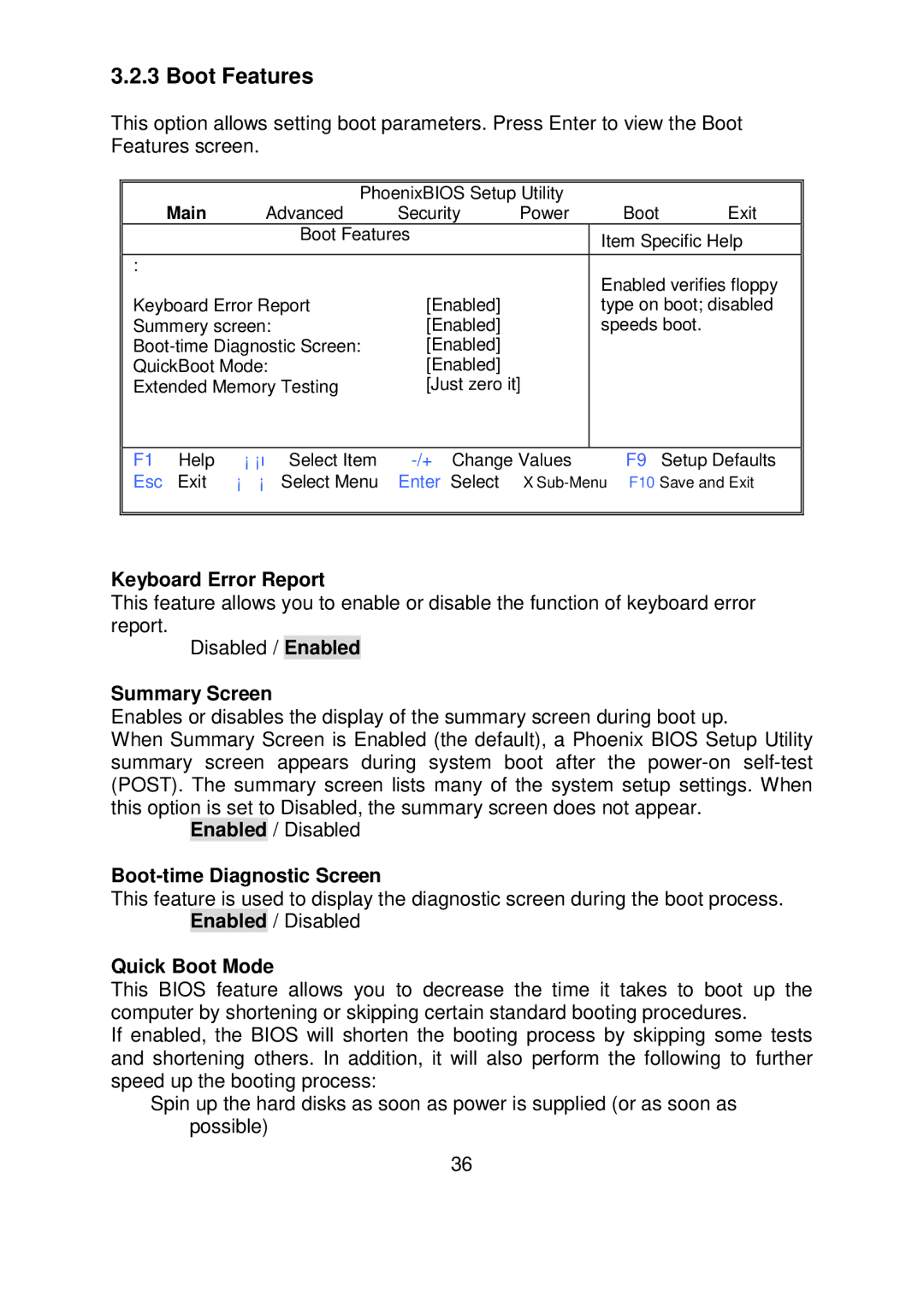 Tyan Computer S5372-LC Boot Features, Keyboard Error Report, Summary Screen, Boot-time Diagnostic Screen, Quick Boot Mode 