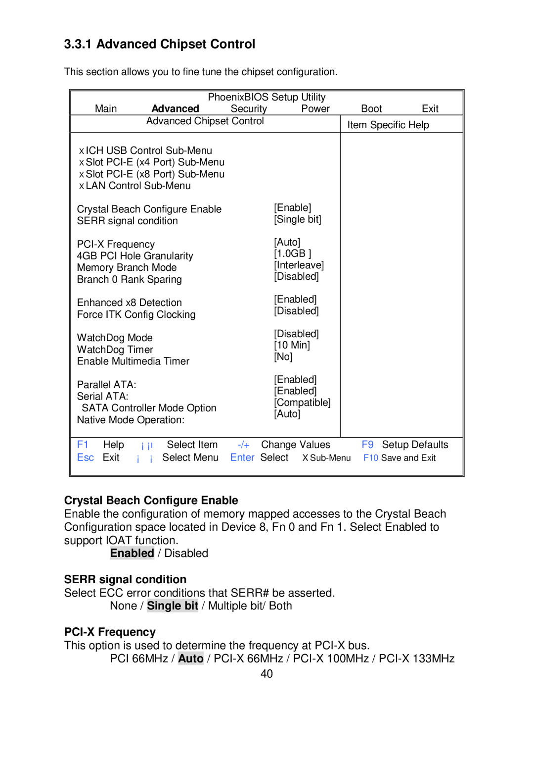 Tyan Computer S5372-LC Advanced Chipset Control, Crystal Beach Configure Enable, Serr signal condition, PCI-X Frequency 