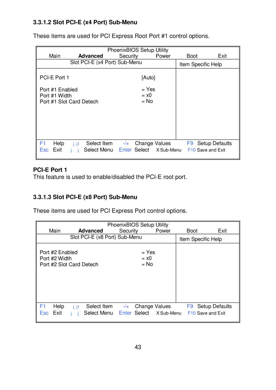 Tyan Computer S5372-LC warranty Slot PCI-E x4 Port Sub-Menu, PCI-E Port, Slot PCI-E x8 Port Sub-Menu 