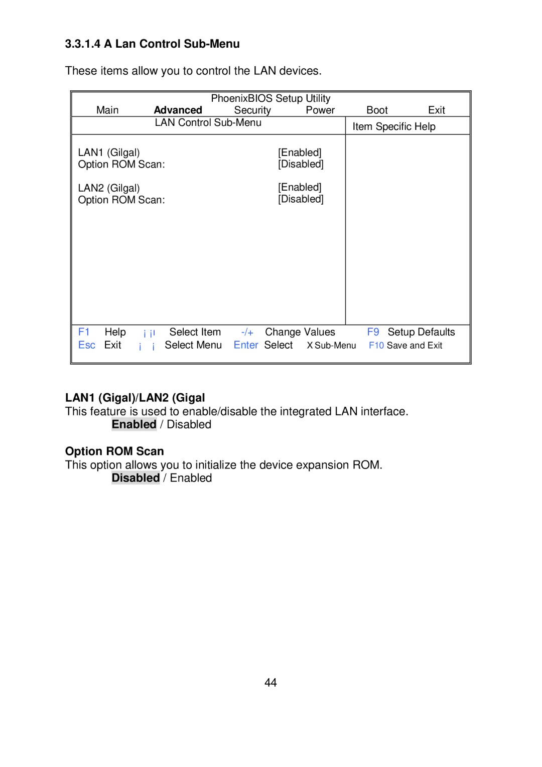 Tyan Computer S5372-LC warranty Lan Control Sub-Menu, LAN1 Gigal/LAN2 Gigal, Option ROM Scan 