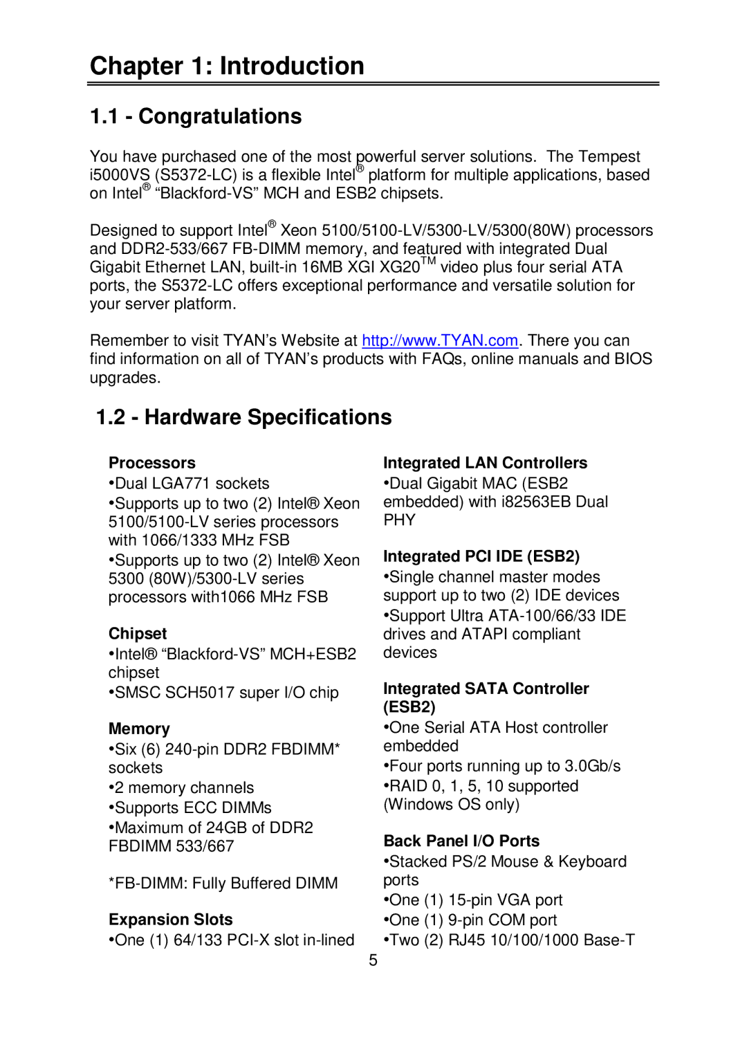 Tyan Computer S5372-LC warranty Introduction, Congratulations, Hardware Specifications 