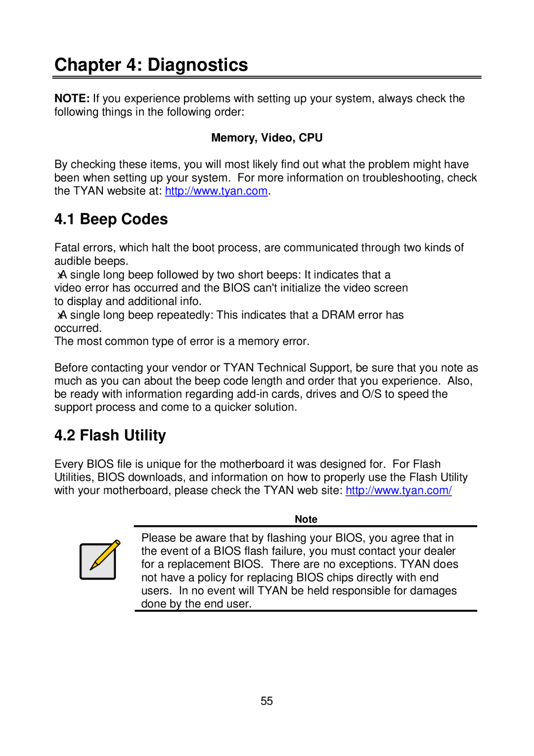 Tyan Computer S5372-LC warranty Diagnostics, Beep Codes, Flash Utility, Memory, Video, CPU 