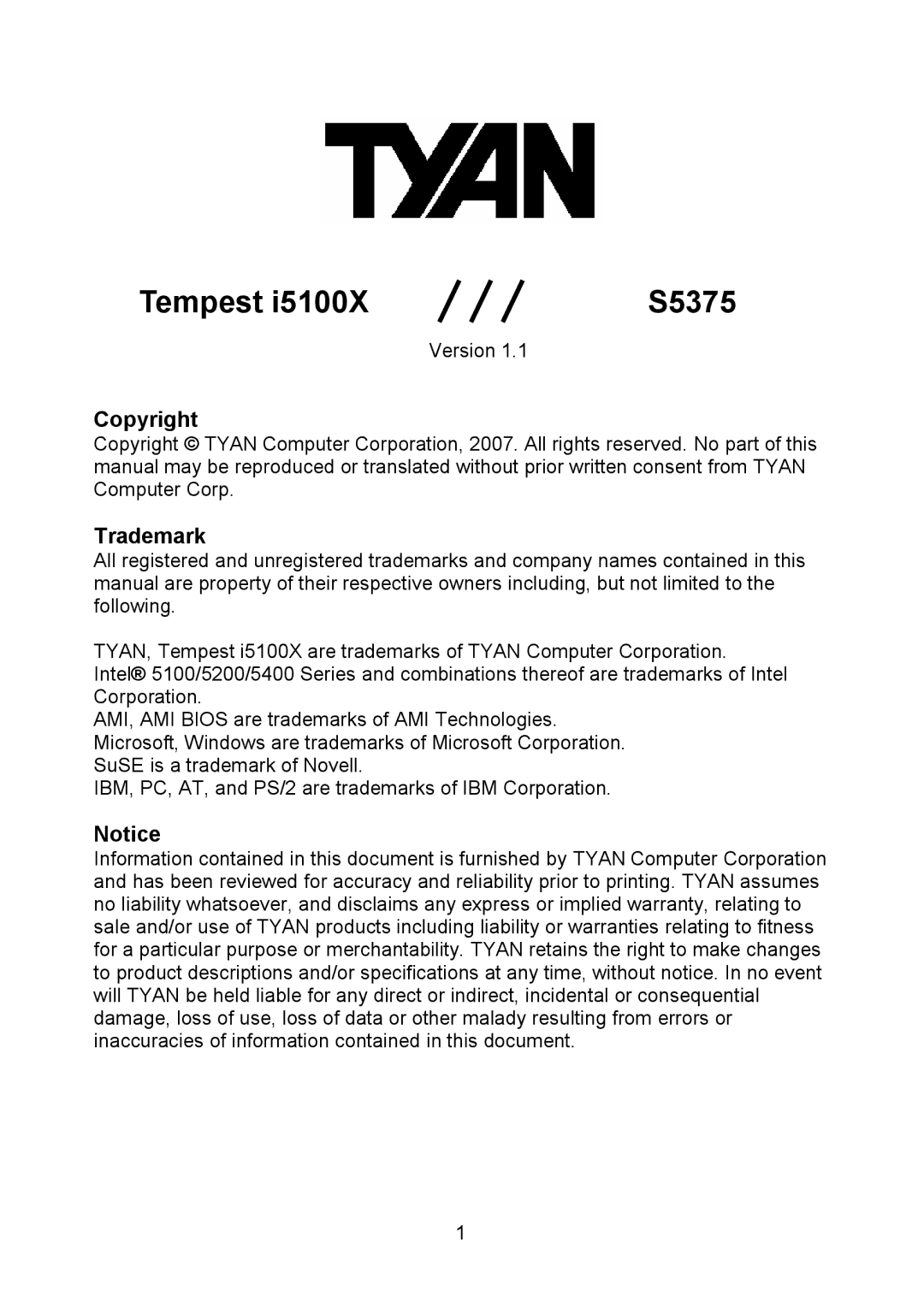 Tyan Computer I5100X, S5375 warranty Tempest, Copyright, Trademark 