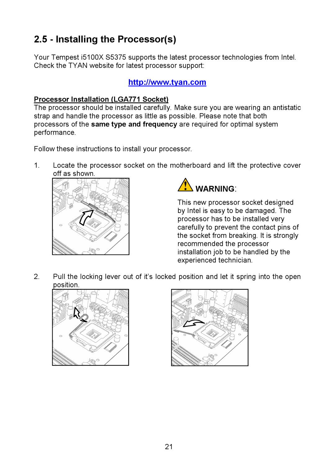 Tyan Computer I5100X, S5375 warranty Installing the Processors, Processor Installation LGA771 Socket 