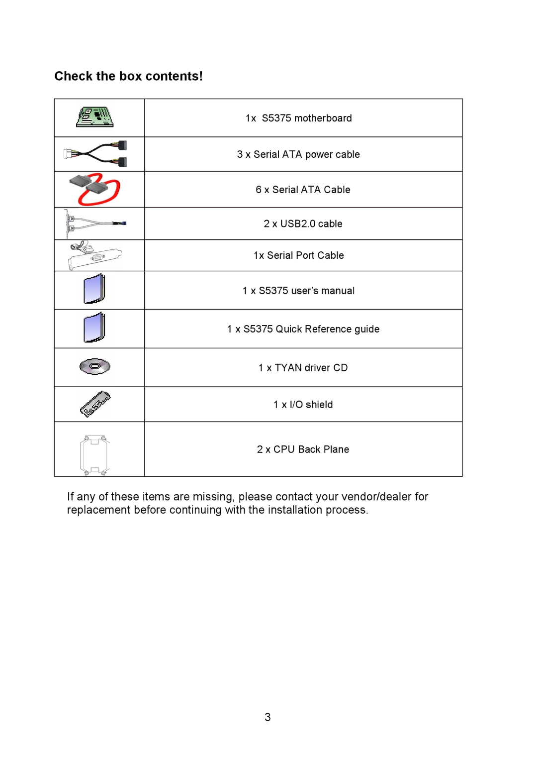 Tyan Computer I5100X, S5375 warranty Check the box contents 