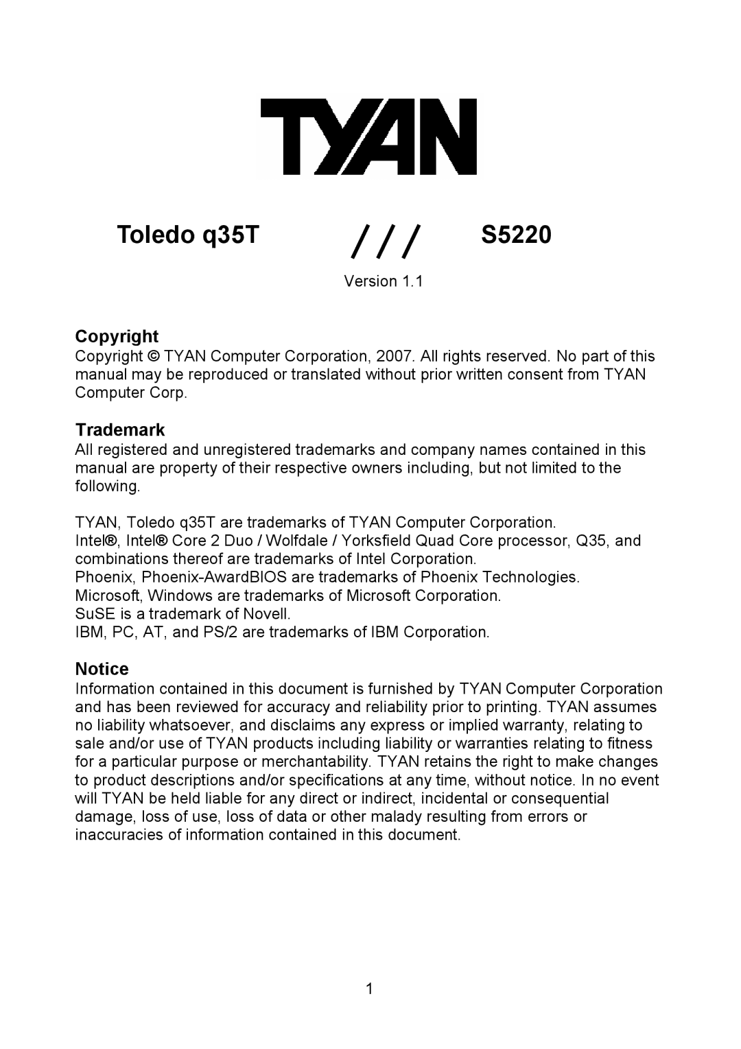 Tyan Computer Q35T, S5520 warranty Toledo q35T S5220, Version 