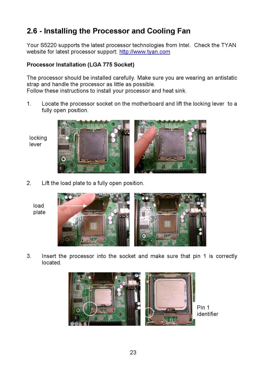 Tyan Computer Q35T, S5520 warranty Installing the Processor and Cooling Fan, Processor Installation LGA 775 Socket 