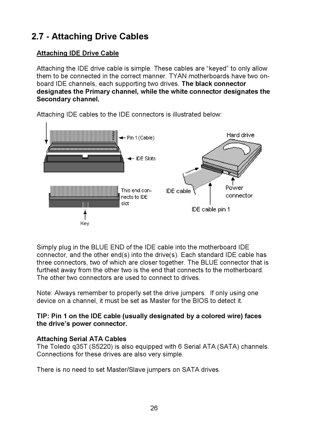 Tyan Computer S5520, Q35T warranty Attaching Drive Cables, Attaching IDE Drive Cable 