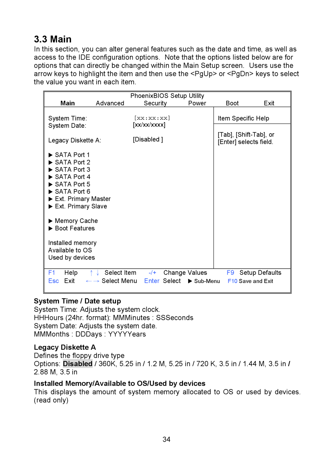 Tyan Computer S5520 Main, System Time / Date setup, Legacy Diskette a, Installed Memory/Available to OS/Used by devices 