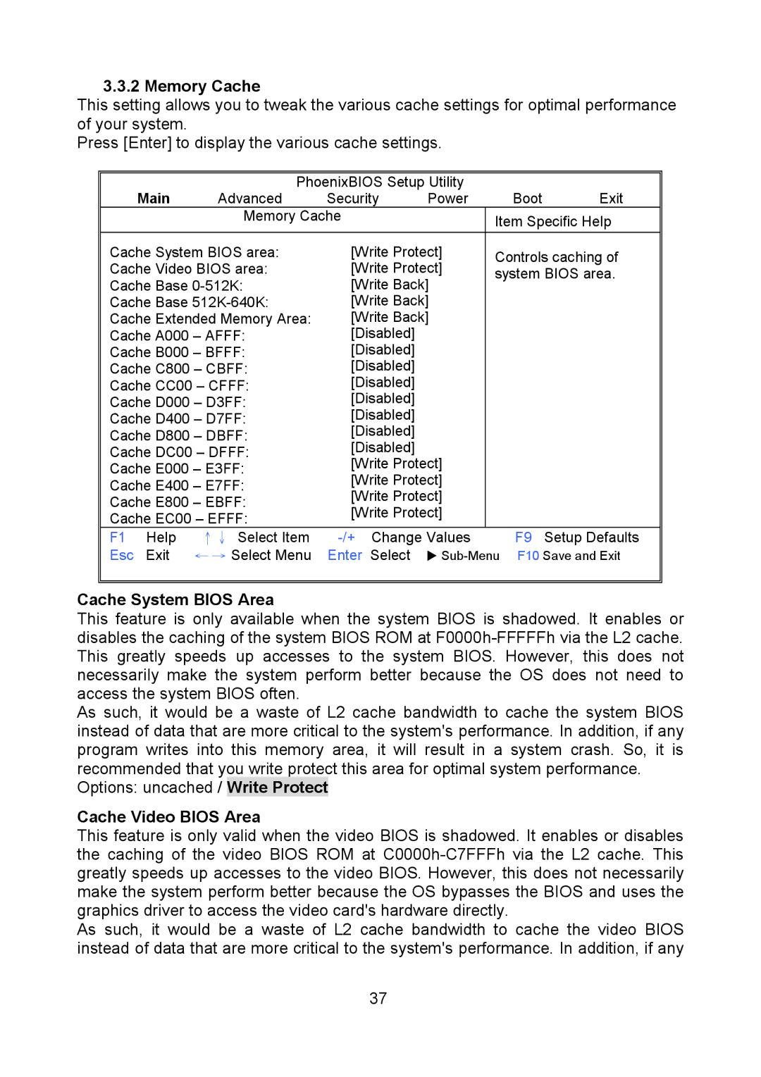 Tyan Computer Q35T, S5520 warranty Memory Cache, Cache System Bios Area, Cache Video Bios Area 