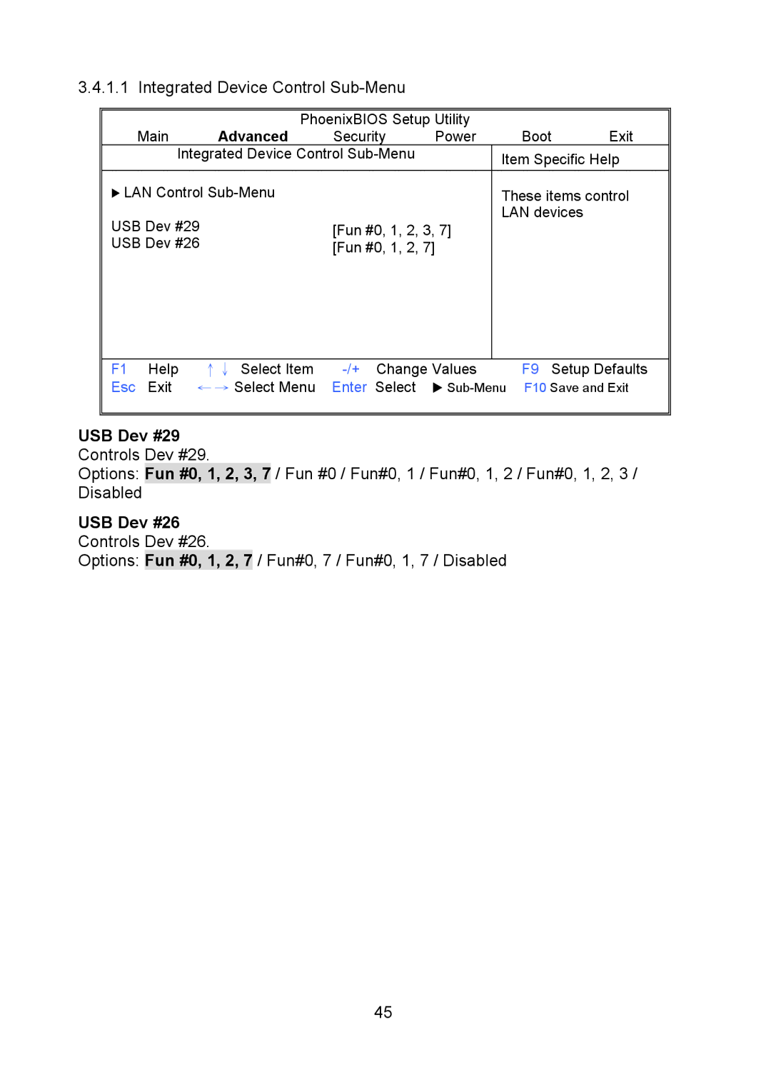 Tyan Computer Q35T, S5520 Integrated Device Control Sub-Menu, USB Dev #29 Controls Dev #29, USB Dev #26 Controls Dev #26 