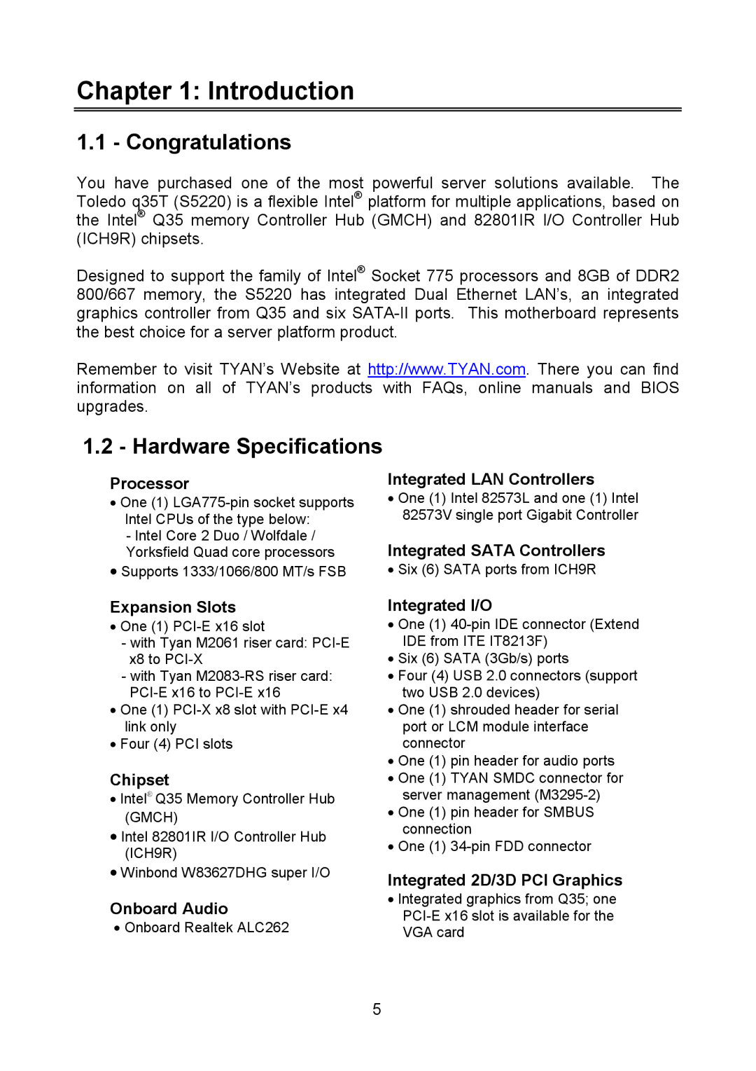 Tyan Computer Q35T, S5520 warranty Introduction, Congratulations, Hardware Specifications 