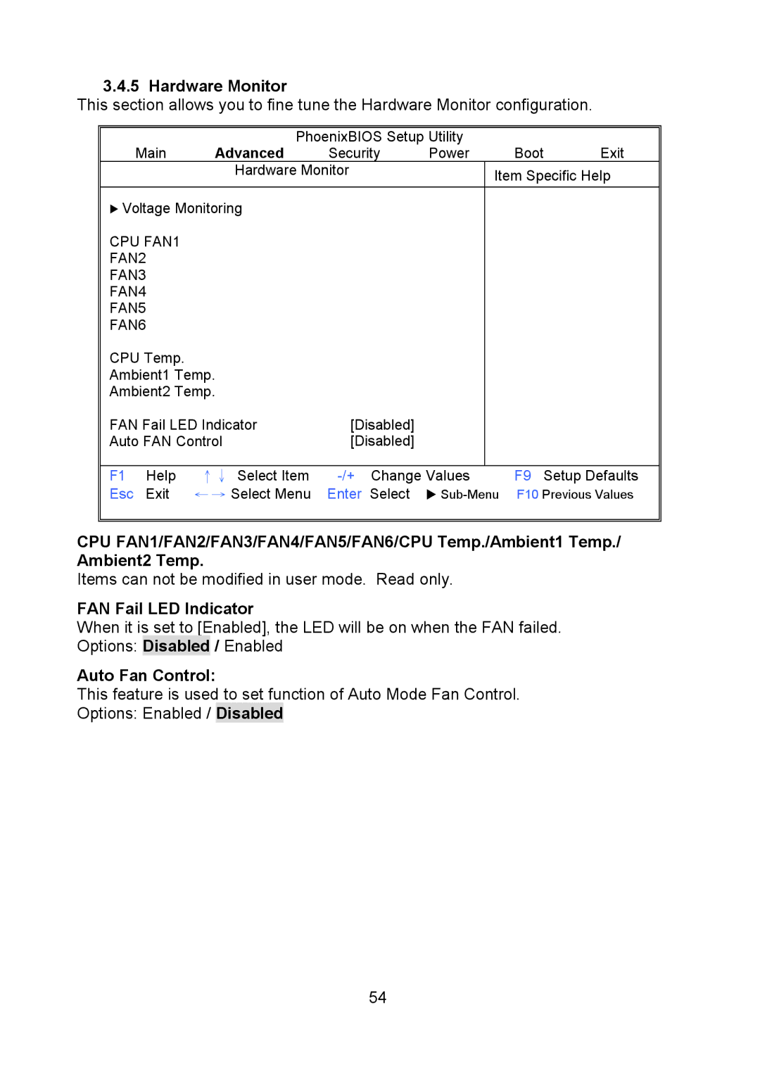 Tyan Computer S5520, Q35T Hardware Monitor, Items can not be modified in user mode. Read only, FAN Fail LED Indicator 