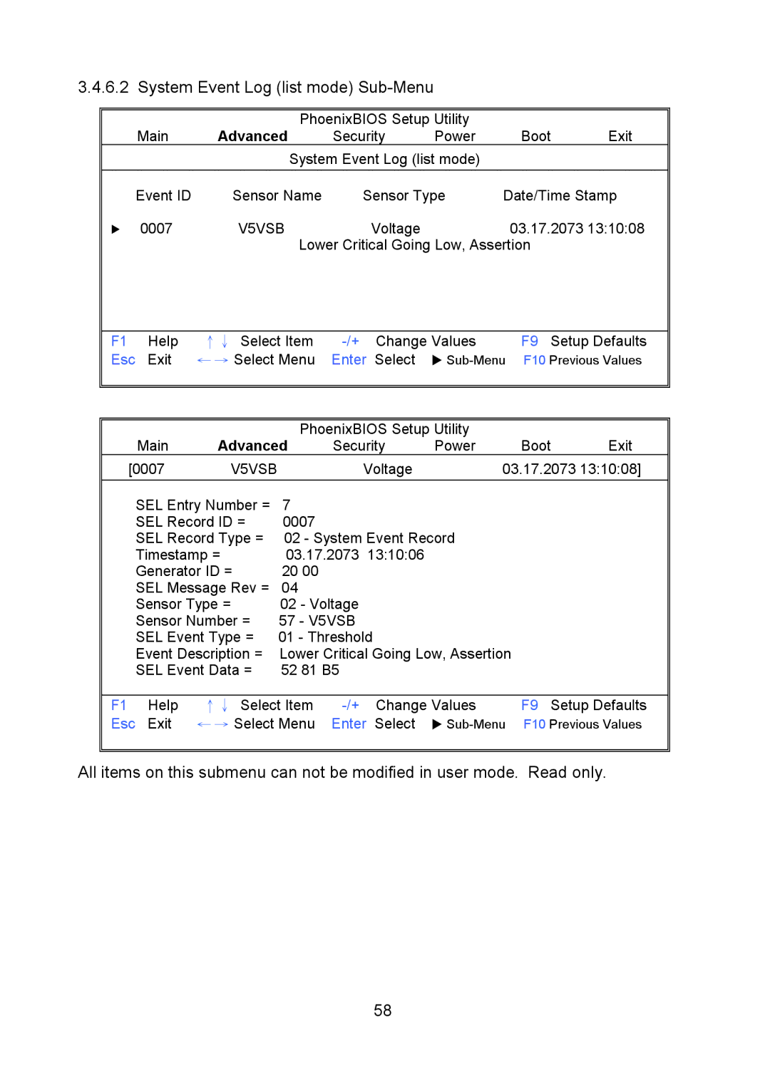 Tyan Computer S5520, Q35T warranty System Event Log list mode Sub-Menu, V5VSB 