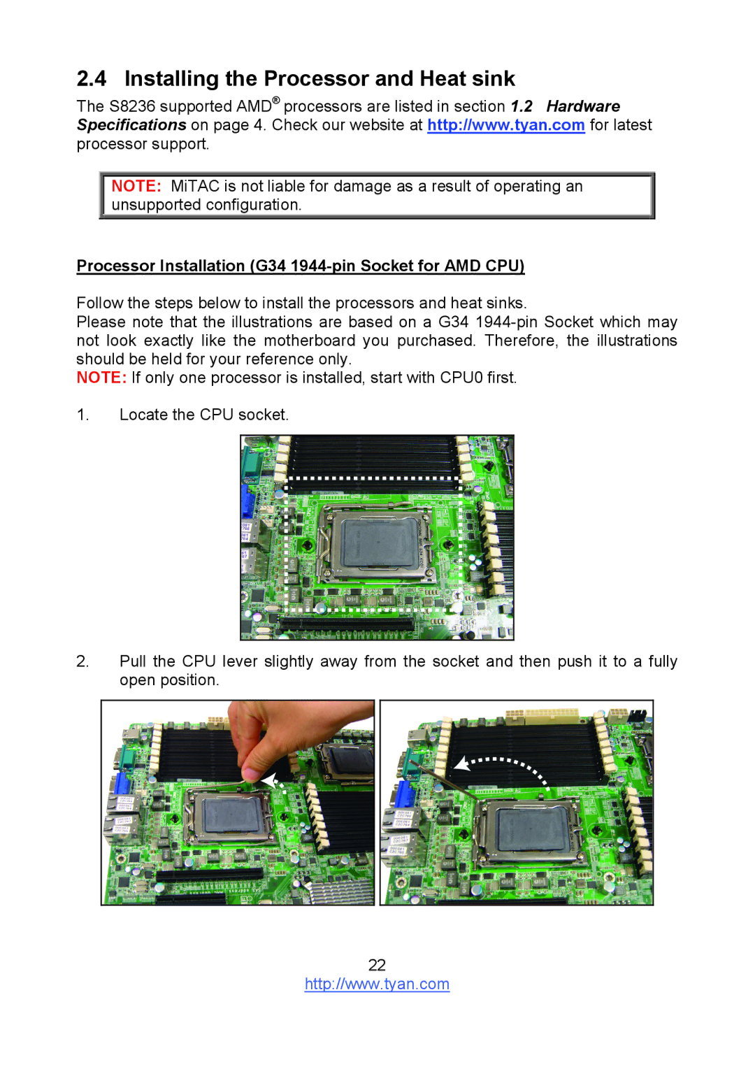 Tyan Computer S8236 warranty Installing the Processor and Heat sink, Processor Installation G34 1944-pin Socket for AMD CPU 