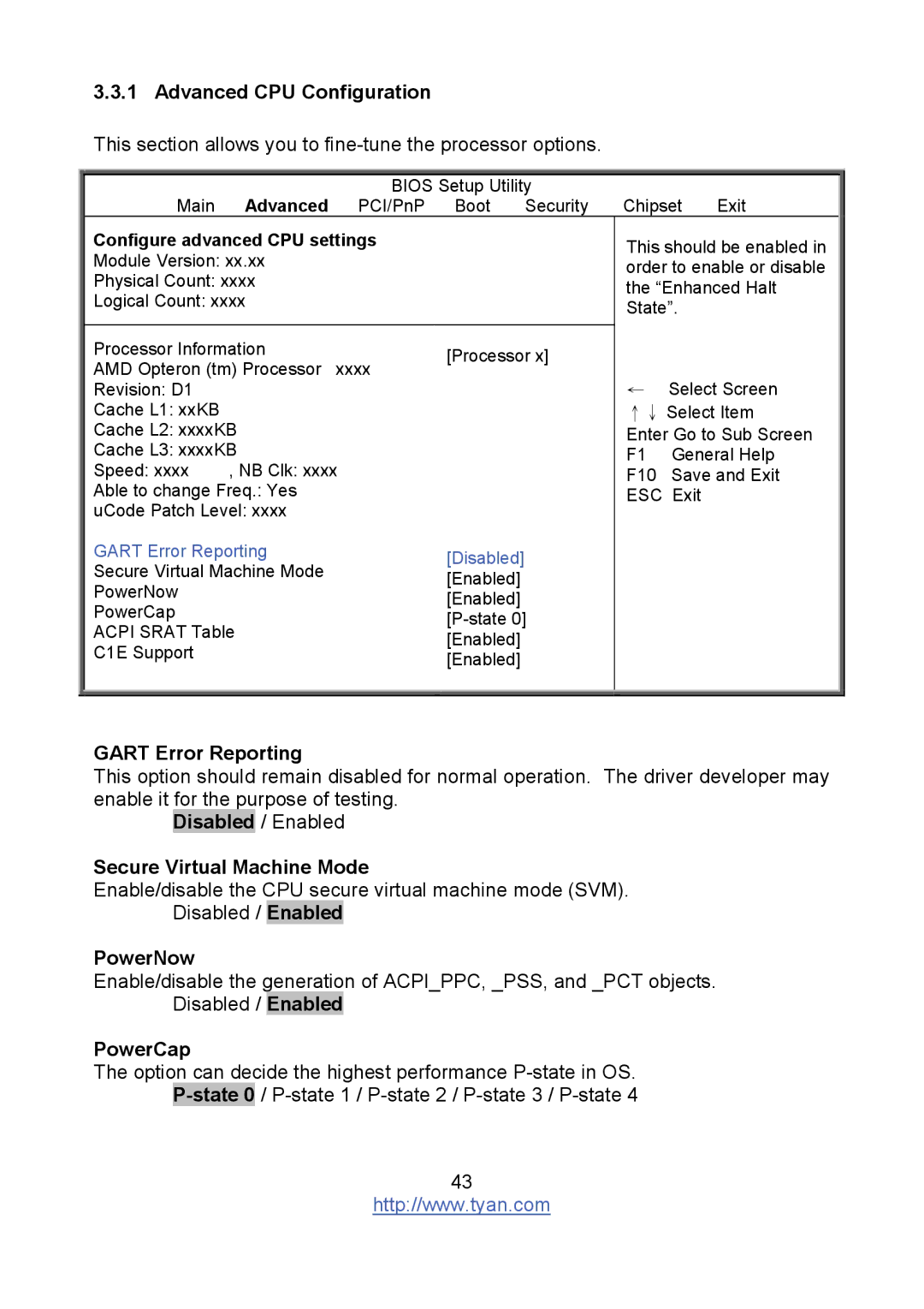 Tyan Computer S8236 Advanced CPU Configuration, Gart Error Reporting, Secure Virtual Machine Mode, PowerNow, PowerCap 