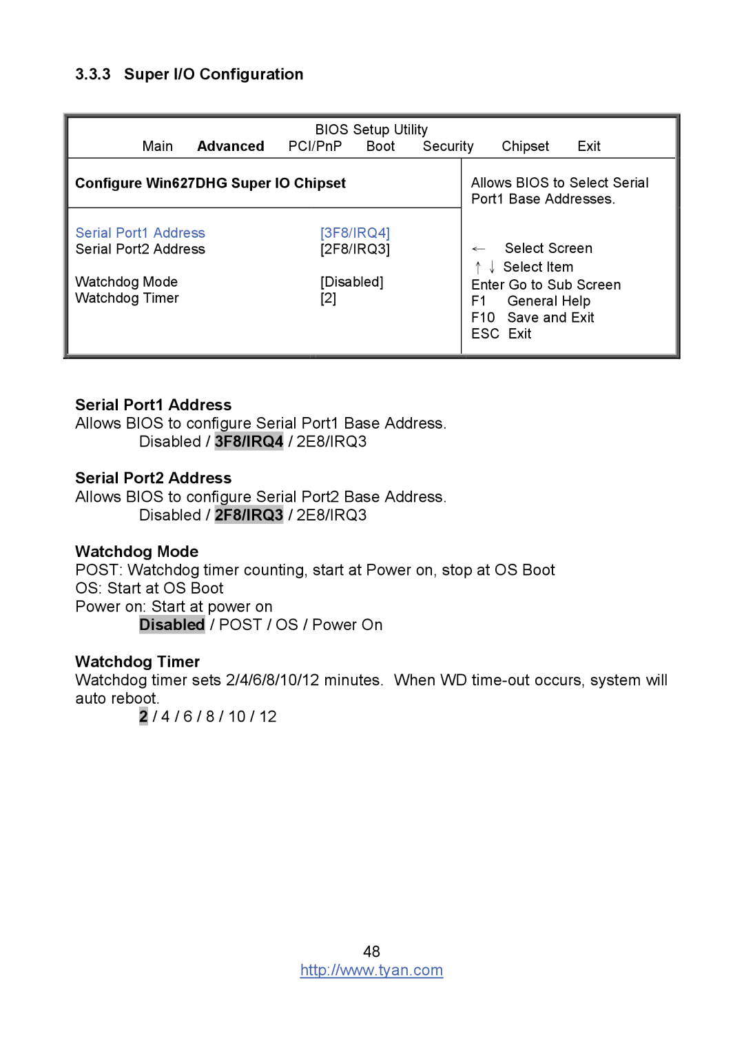 Tyan Computer S8236 Super I/O Configuration, Serial Port1 Address, Serial Port2 Address, Watchdog Mode, Watchdog Timer 