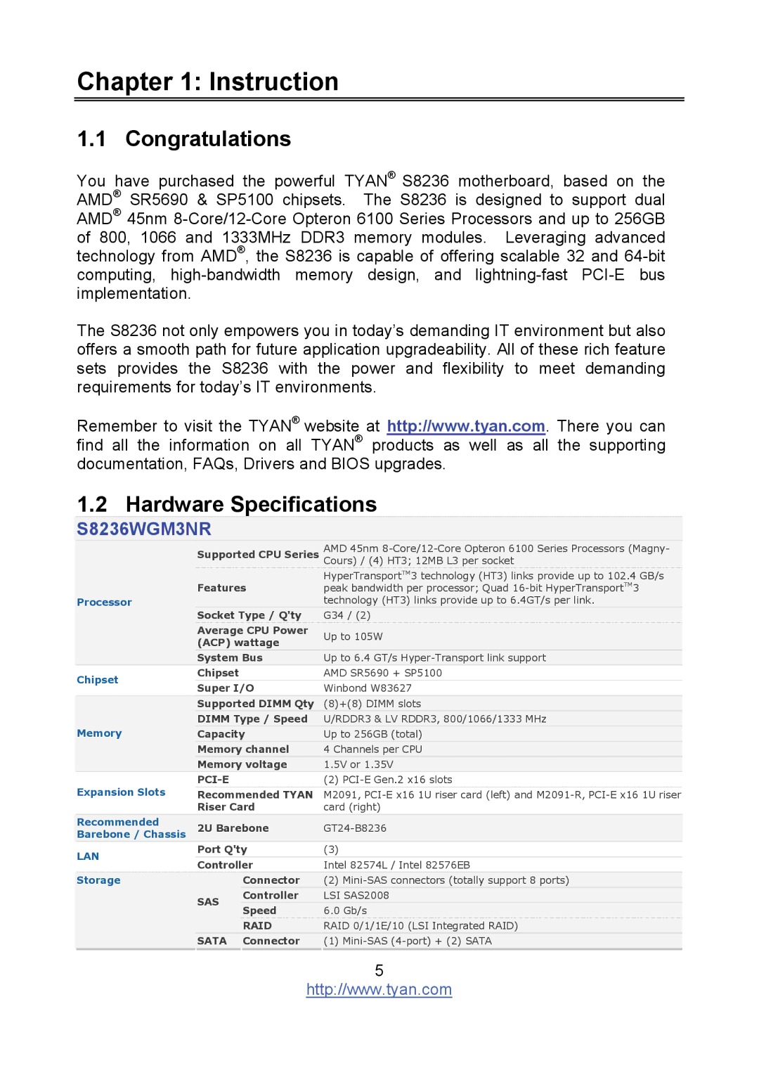 Tyan Computer S8236 warranty Congratulations, Hardware Specifications 