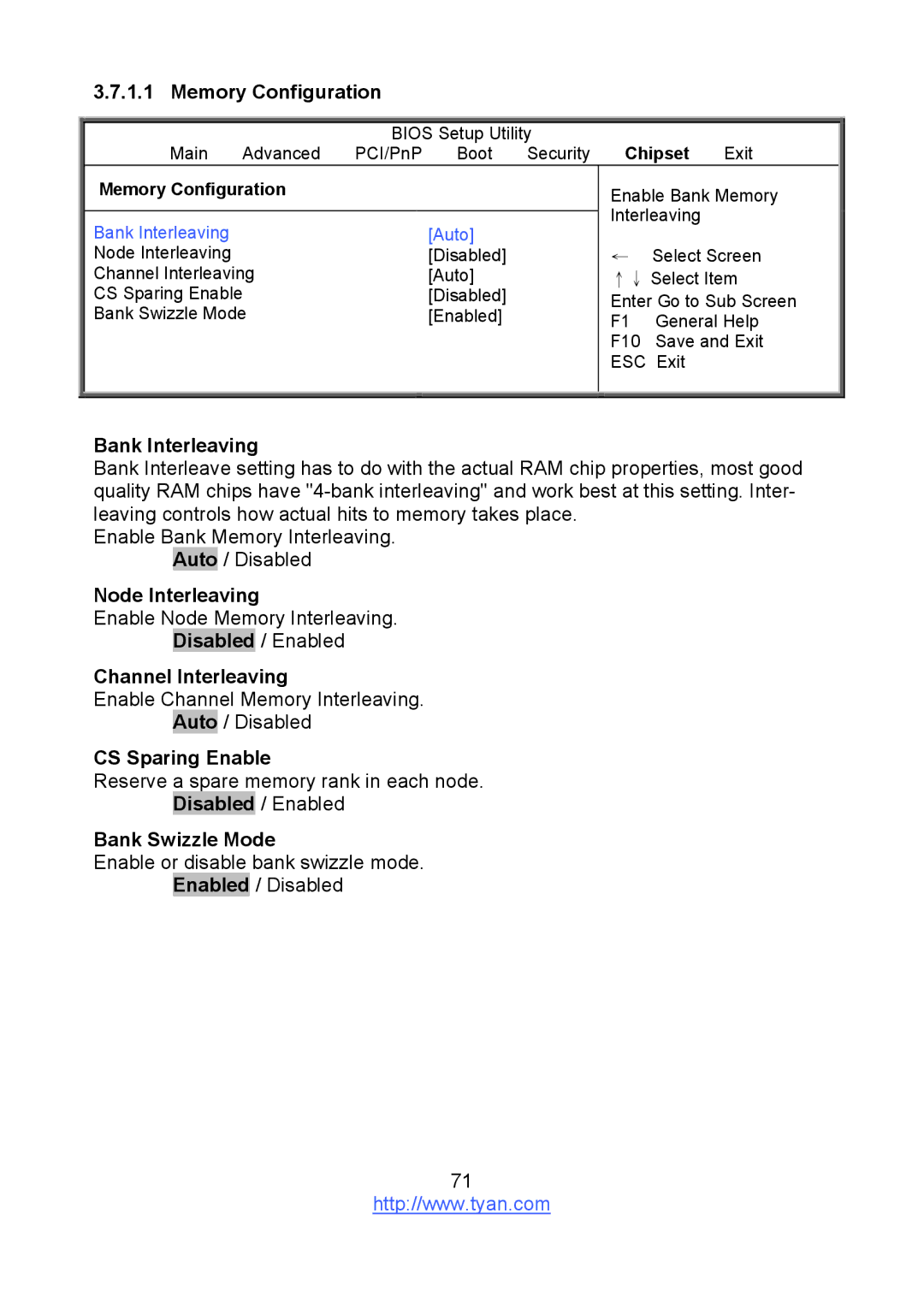 Tyan Computer S8236 Memory Configuration, Bank Interleaving, Node Interleaving, Channel Interleaving, CS Sparing Enable 