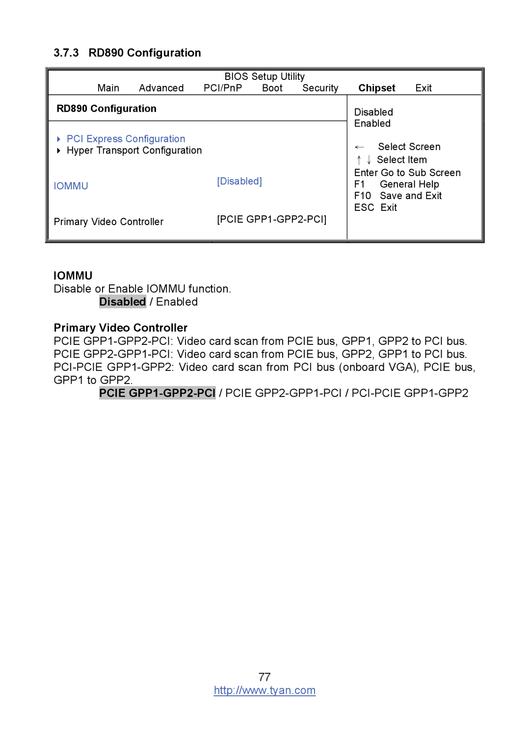 Tyan Computer S8236 warranty 3 RD890 Configuration, Iommu, Primary Video Controller, Pcie GPP1-GPP2-PCI 