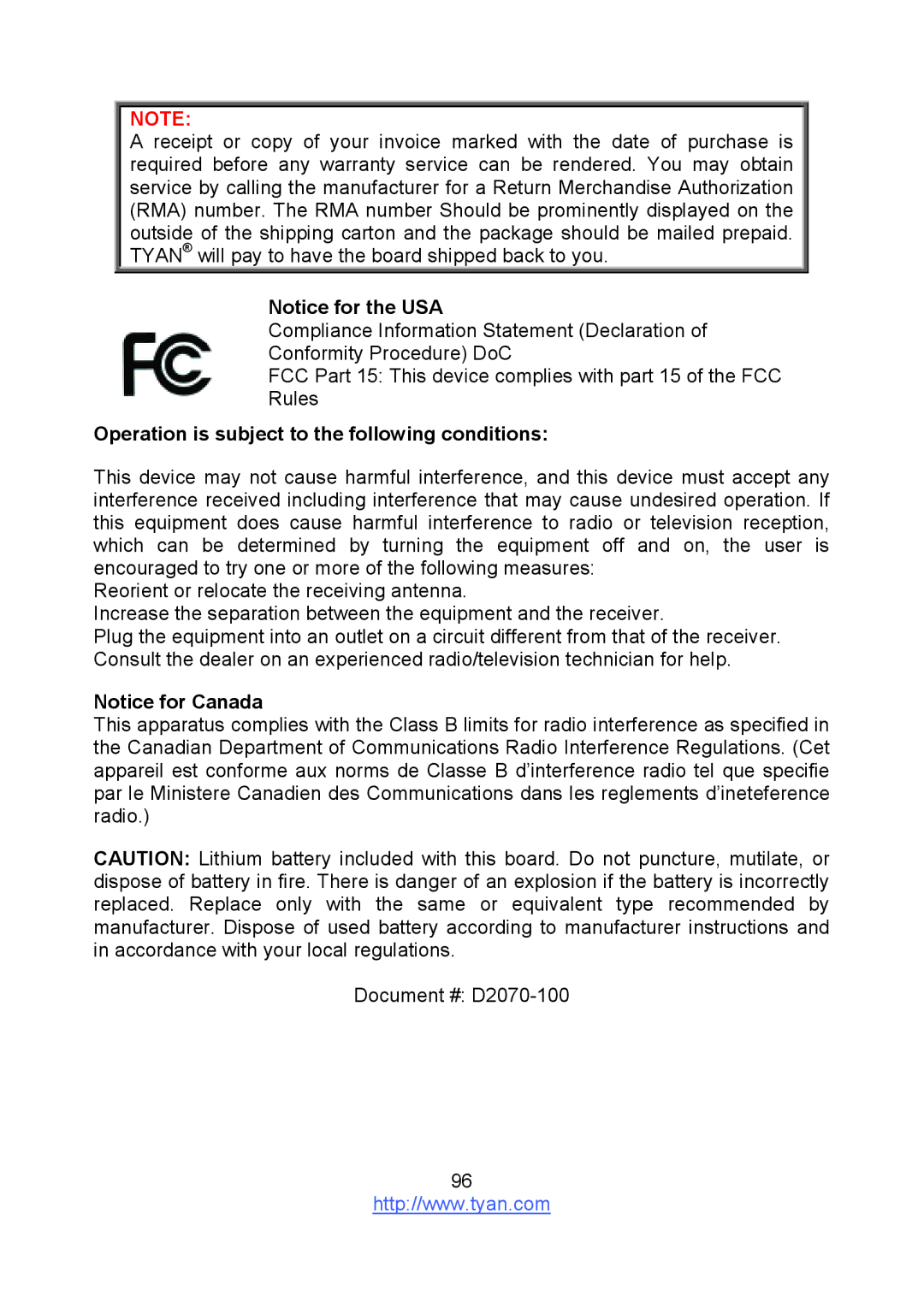 Tyan Computer S8236 warranty Operation is subject to the following conditions 