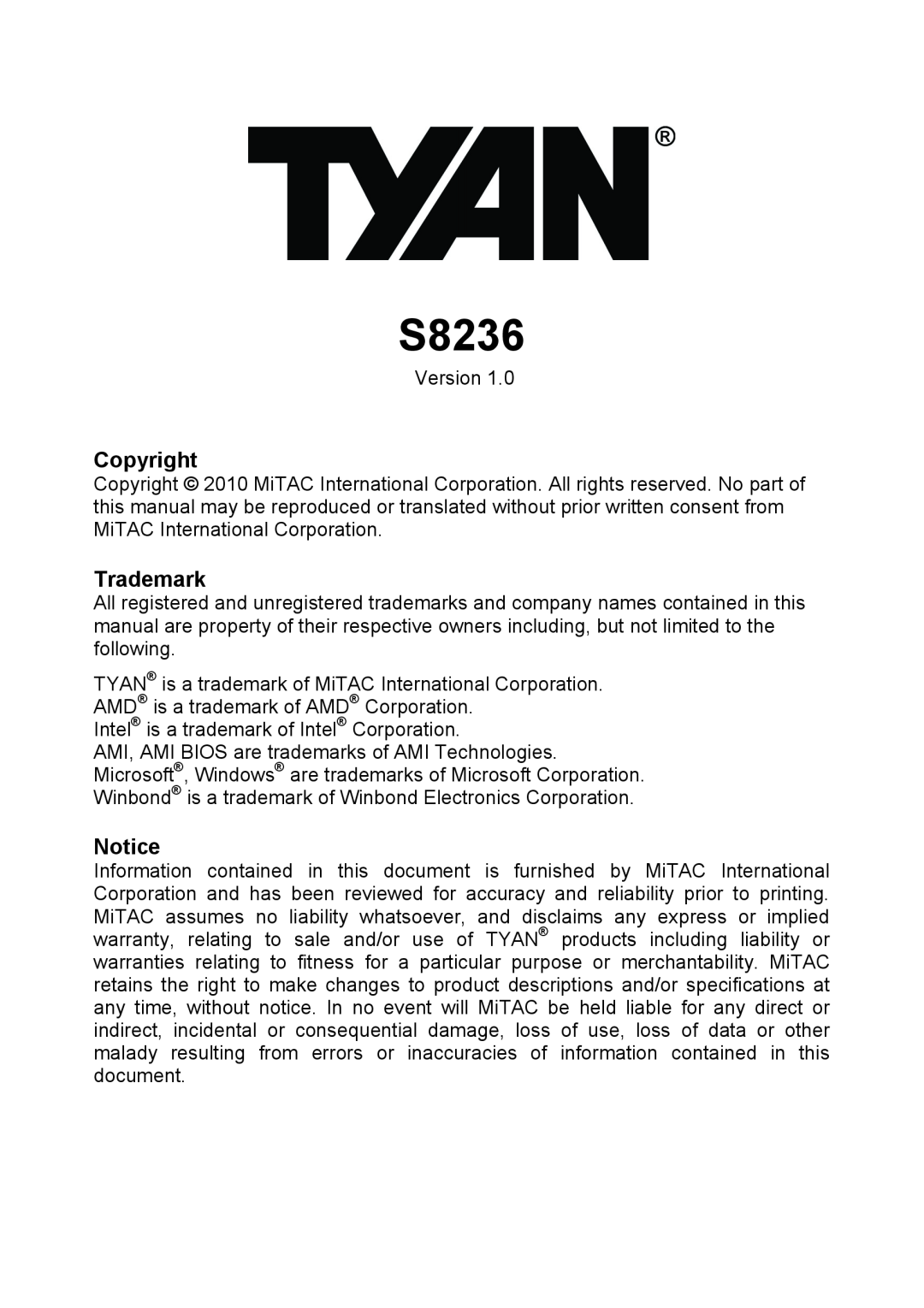 Tyan Computer S8236 warranty Copyright, Trademark 