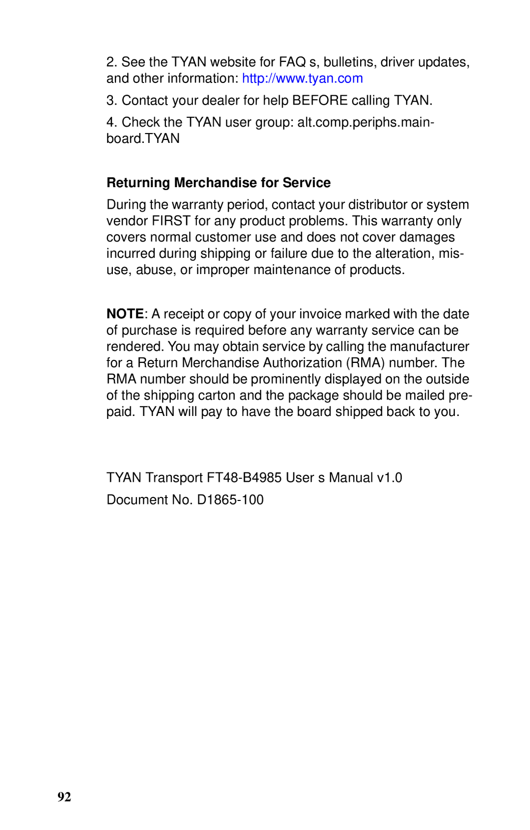 Tyan Computer B4985F48V8HR (Rackmount), Transport FT48, B4985F48V8HR (Tower) manual Returning Merchandise for Service 