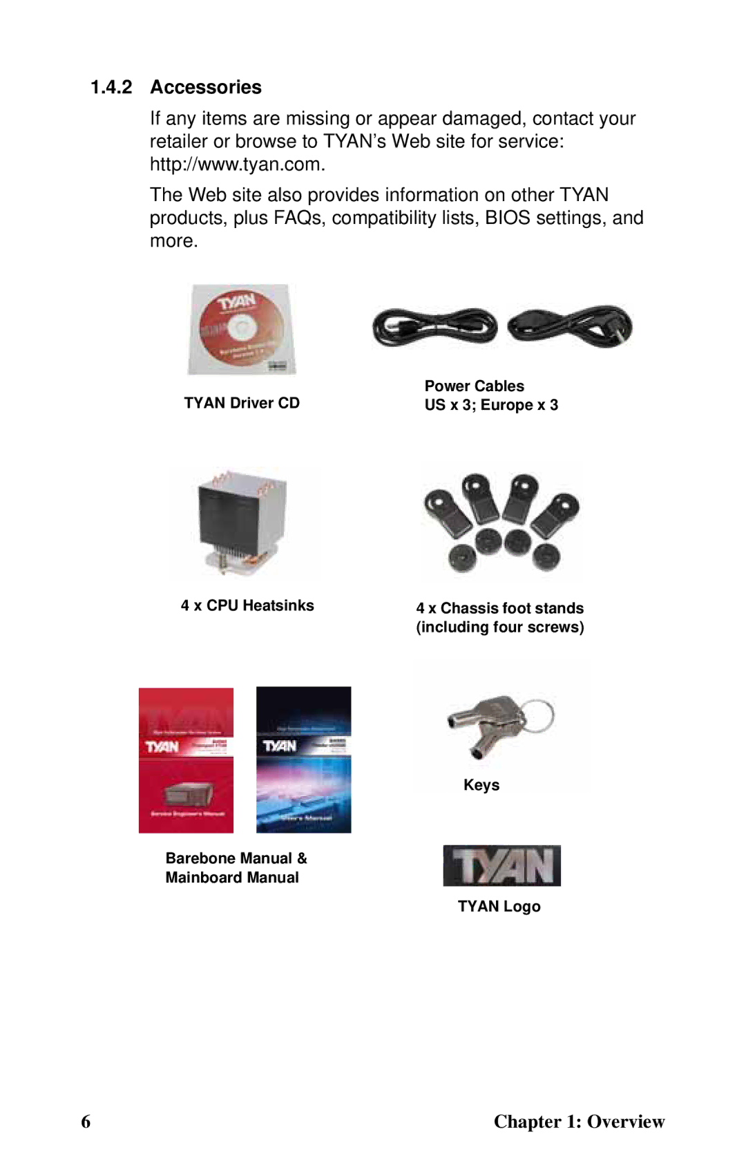 Tyan Computer B4985F48V8HR (Tower), Transport FT48, B4985F48V8HR (Rackmount) manual Accessories 