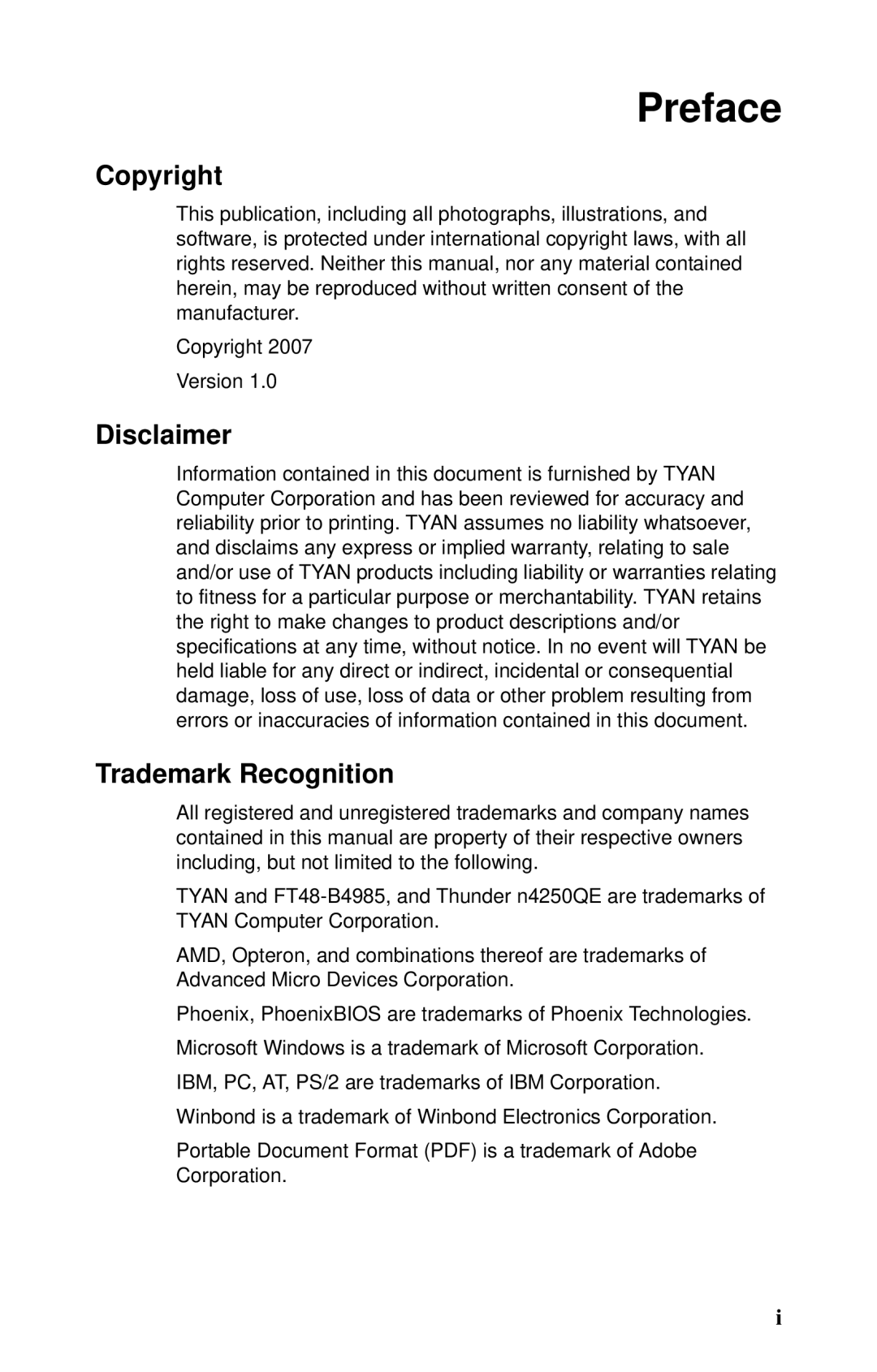 Tyan Computer Transport FT48, B4985F48V8HR (Rackmount), B4985F48V8HR (Tower) Copyright, Disclaimer, Trademark Recognition 