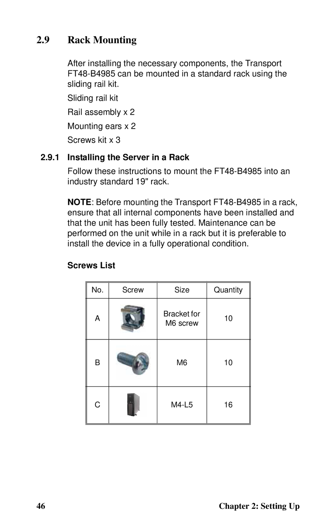 Tyan Computer Transport FT48, B4985F48V8HR (Rackmount) manual Rack Mounting, Installing the Server in a Rack, Screws List 