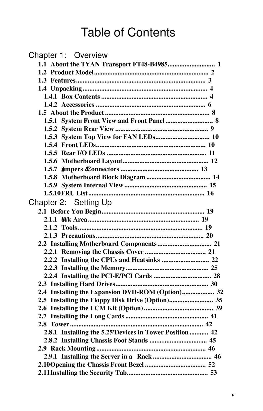 Tyan Computer B4985F48V8HR (Rackmount), Transport FT48, B4985F48V8HR (Tower) manual Table of Contents 