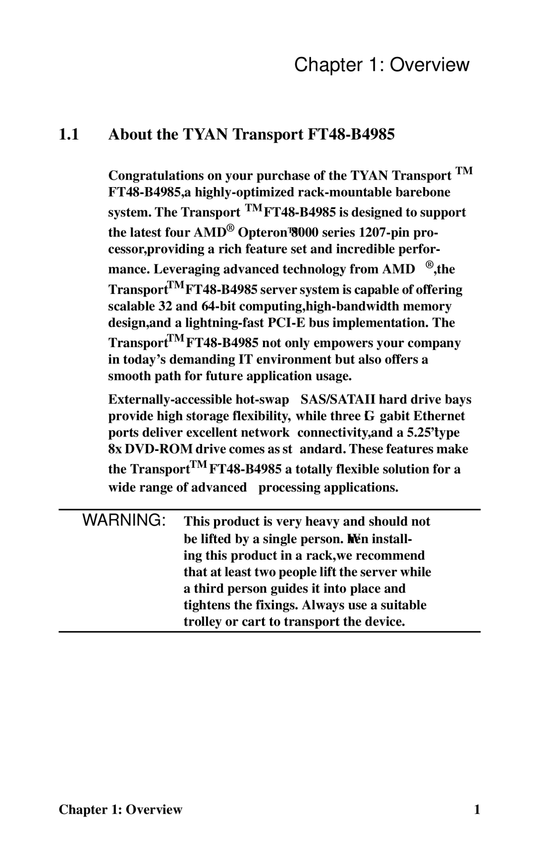 Tyan Computer B4985F48V8HR (Rackmount), B4985F48V8HR (Tower) manual Overview, About the Tyan Transport FT48-B4985 